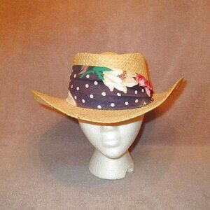 Vtg Stetson Women's Ace Straw Cowboy Hat Size L Floral Hatband Logo Pin Western